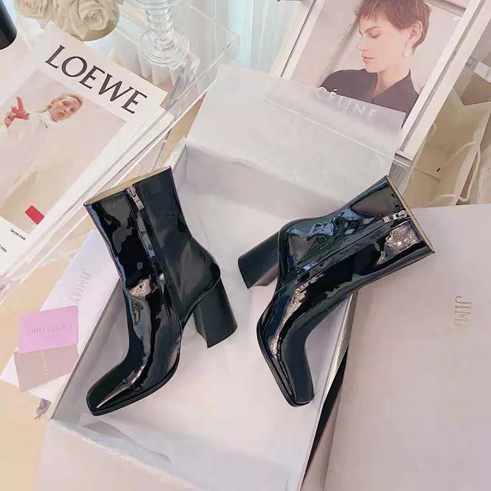 Jimmy Choo Bryelle 85 Black Naplack Block Heel Ankle Boots with JC emblem for Women Jimmy Choo Bryelle 85 Black Naplack Block Heel Ankle Boots with JC emblem for Women