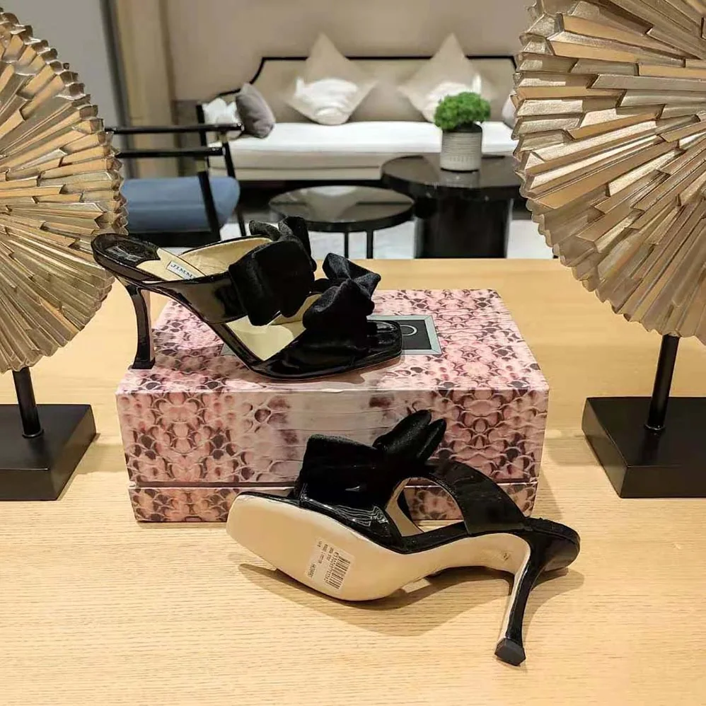 Jimmy Choo Flaca Sandal 100 Black Patent Sandal with Velvet Bow for Women Jimmy Choo Flaca Sandal 100 Black Patent Sandal with Velvet Bow for Women