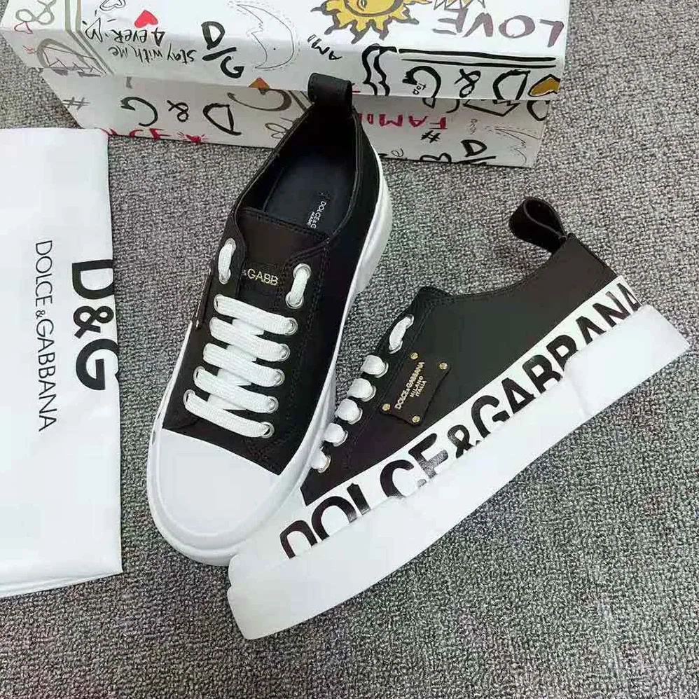 Dolce Gabbana D&G Calfskin Portofino Light Sneakers with Logo-Detailed Plate and Logo Print for Women in Black