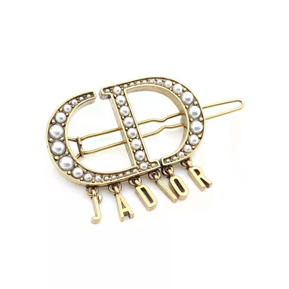 Dior 30 Montaigne Barrette Antique Gold-Finish Metal and White Resin Pearls for Women