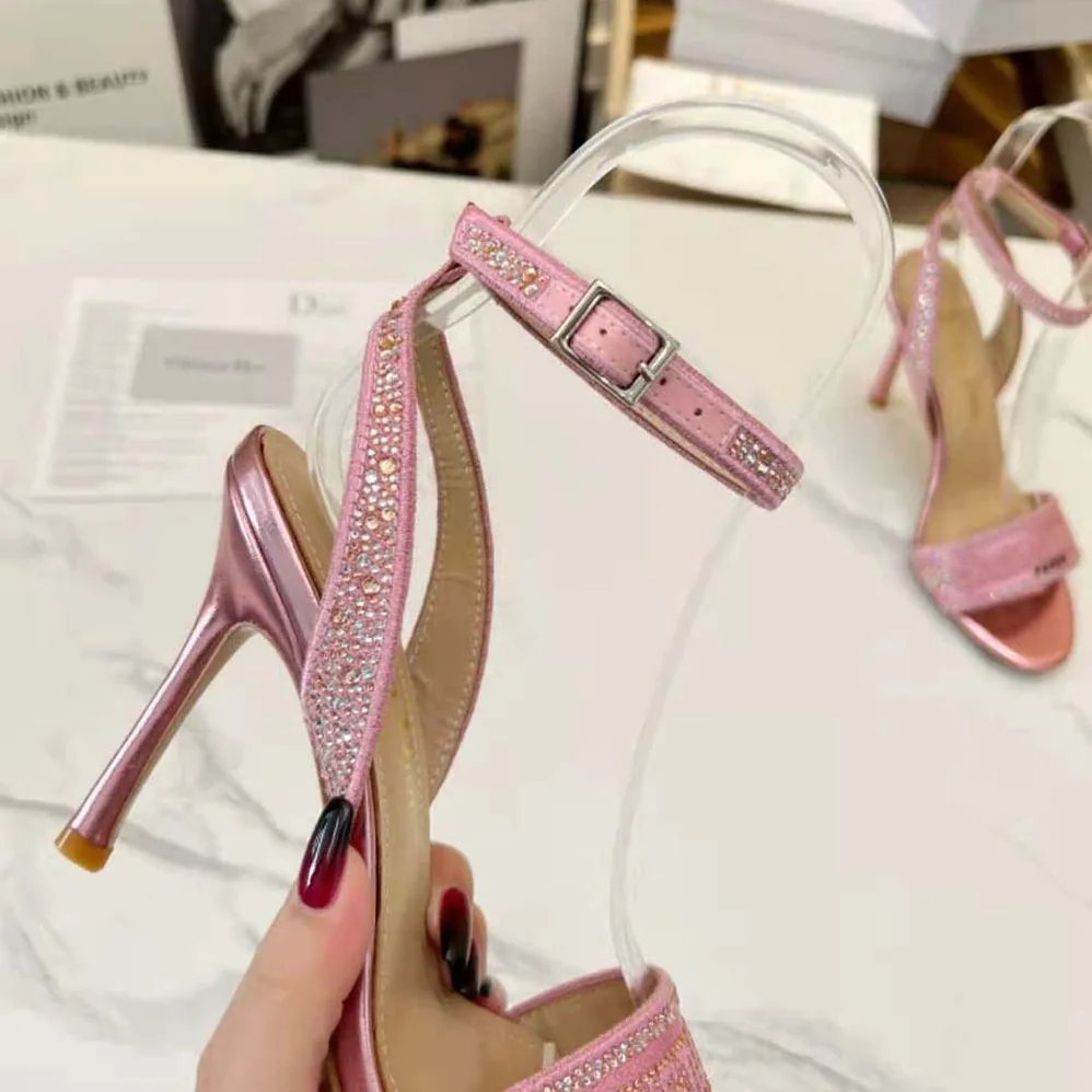 Dior Dway Heeled Slide Pink Cotton Embroidered with Metallic Thread and Strass for Women
