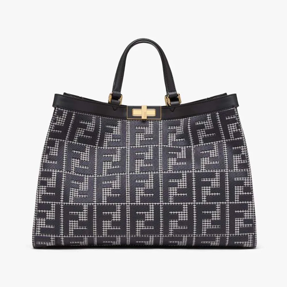 Fendi X-Tote Gray Houndstooth Wool Shopper with FF Embroidery for Women Fendi X-Tote Gray Houndstooth Wool Shopper with FF Embroidery for Women