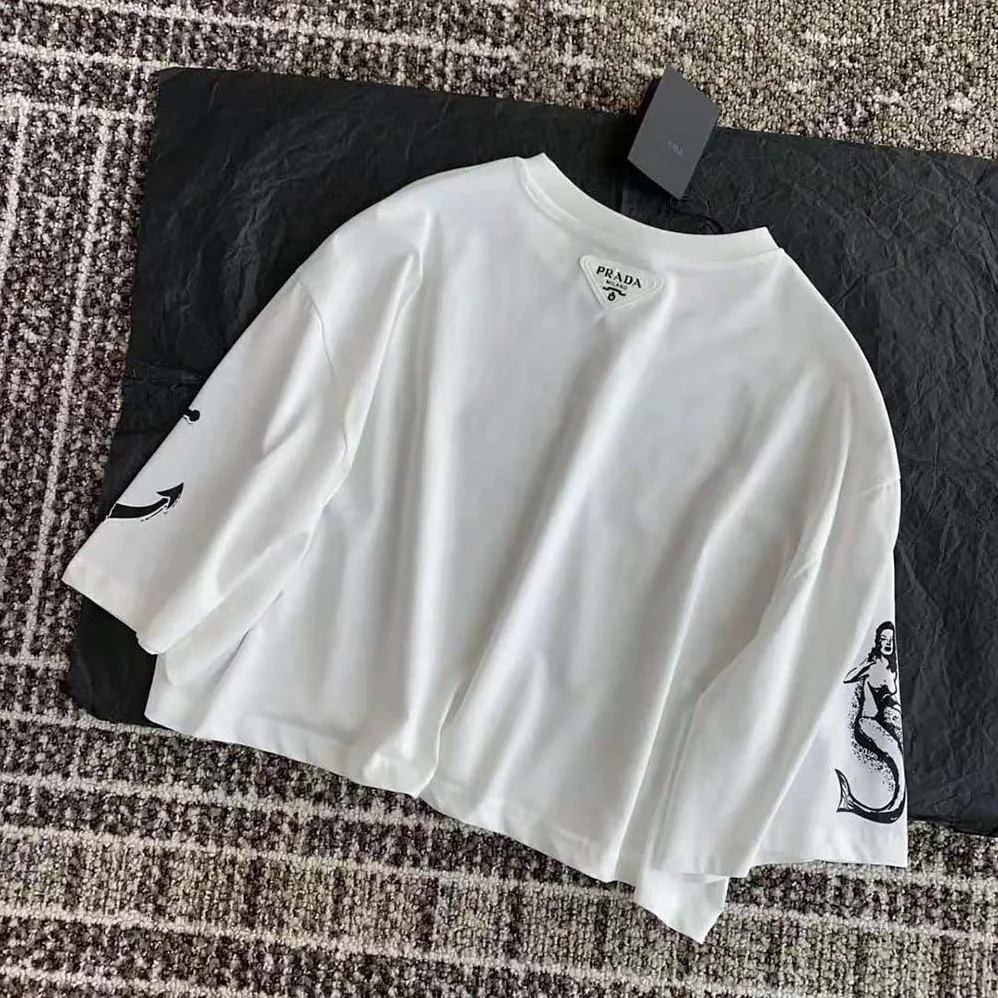 Prada Cropped Printed Jersey T-Shirt for Women in White Prada Cropped Printed Jersey T-Shirt for Women in White