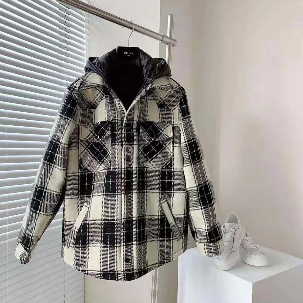 Celine Hooded Overshirt in Checked Wool for Women