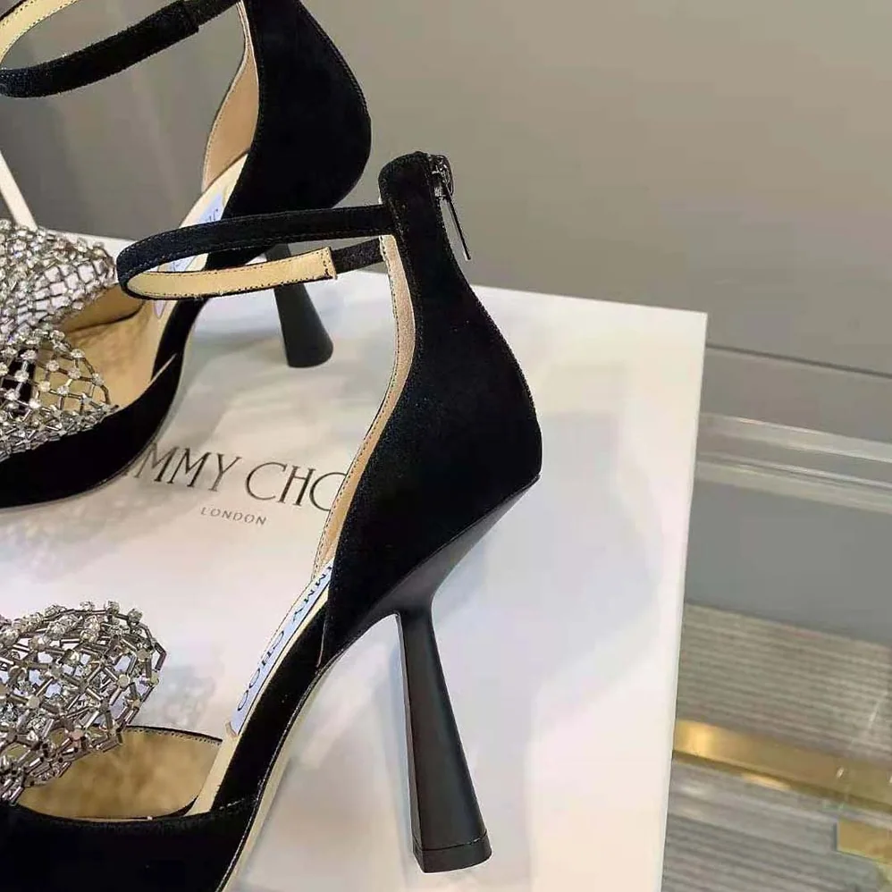 Jimmy Choo Mana 100 Black Suede Sandals with Crystal Bow Clasp for Women Jimmy Choo Mana 100 Black Suede Sandals with Crystal Bow Clasp for Women