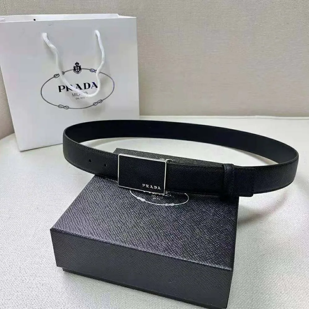 Prada Saffiano Leather Belt with Metal Lettering Logo for Men in Black Prada Saffiano Leather Belt with Metal Lettering Logo for Men in Black