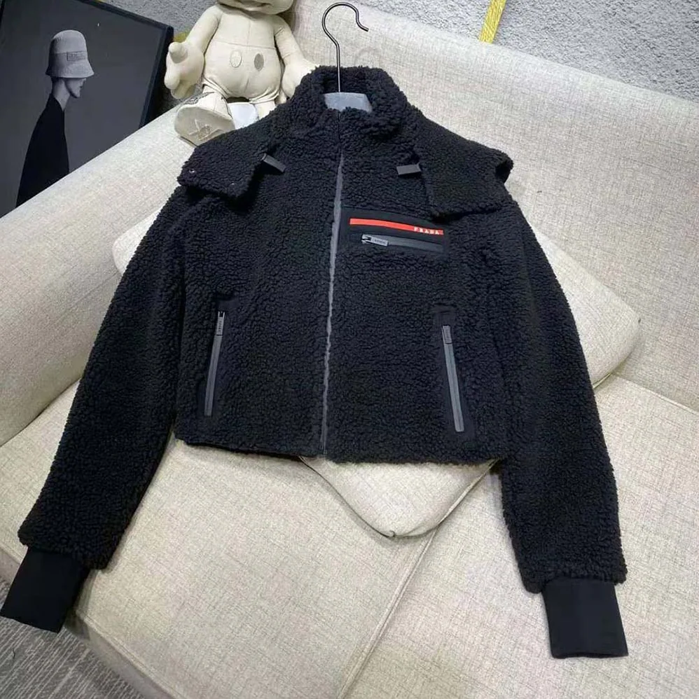 Prada Cropped Recycled Fleece Down Jacket for Women in Black Prada Cropped Recycled Fleece Down Jacket for Women in Black