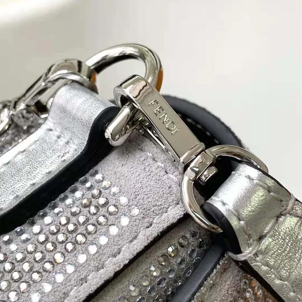 Fendi Baguette Mini Silver Leather Bag with Crystal FF Motif for Women Fendi Baguette Mini Silver Leather Bag with Crystal FF Motif for Women