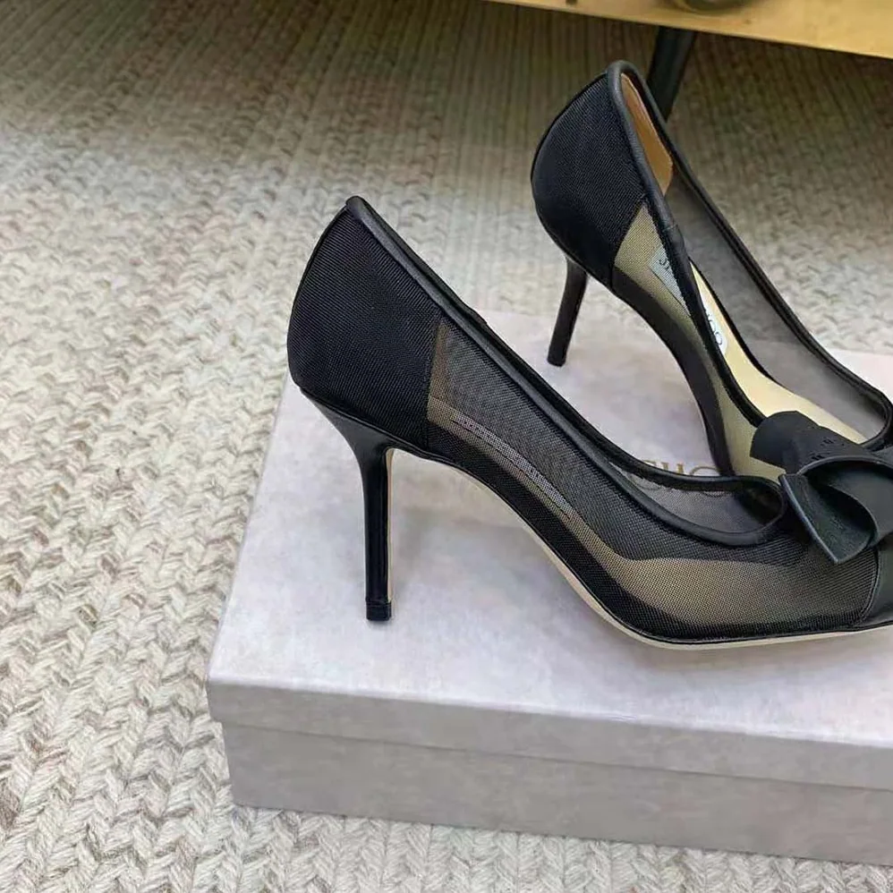 Jimmy Choo Lani 100 Black Mesh Pumps with JC Monogram Leather Bow for Women