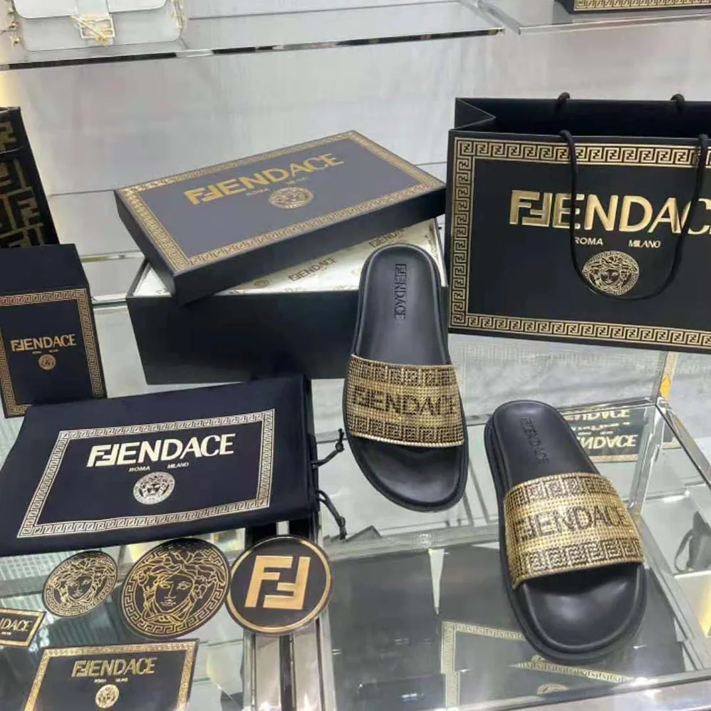Versace Fendace Logo Metal Mesh Sliders for Unisex in Black Versace Fendace Logo Metal Mesh Sliders for Unisex in Black