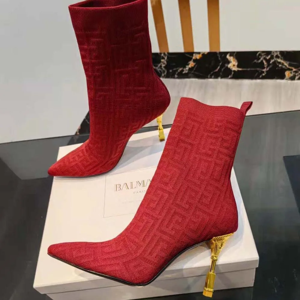 Balmain Moneta Monogrammed Knit Ankle Boots with Engraved Heel for Women in Red