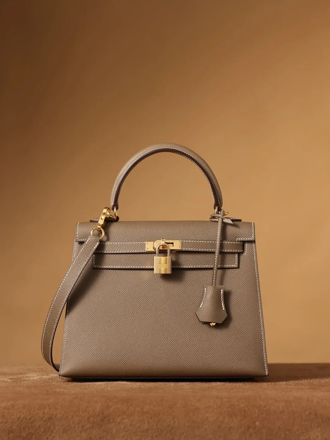 Hermes Kelly Epsom Gold Tone Lock Bag Grey 9,/