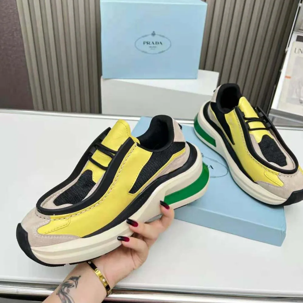 Prada Systeme Brushed Leather Sneakers with Bike Fabric and Suede Elements for Men in Yellow
