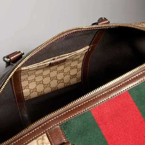Gucci GG Medium In Web Duffle Bag / Sand/ Dark Brown Gold Hardware Gucci GG Medium In Web Duffle Bag / Sand/ Dark Brown Gold Hardware