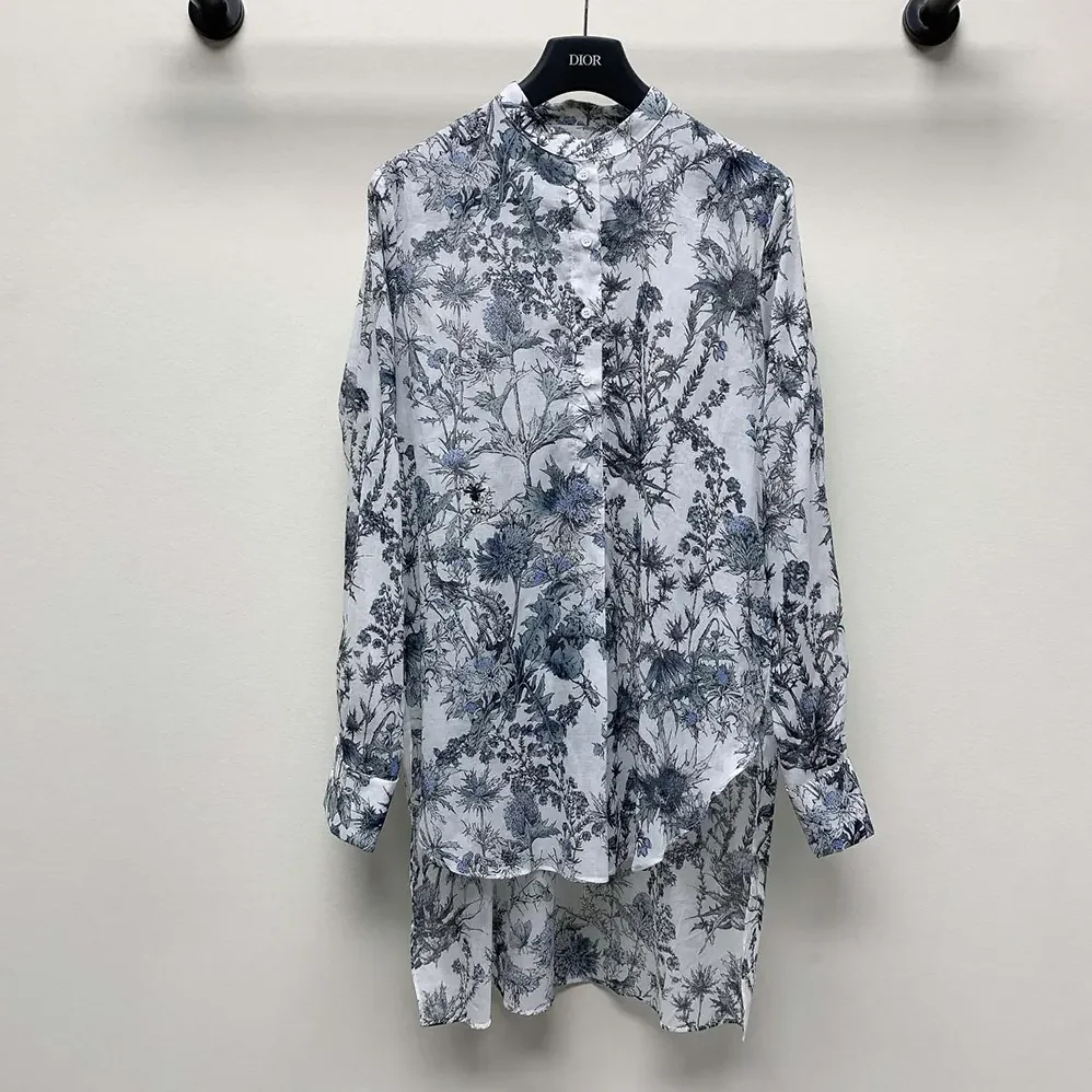 Dior Long Blouse White Cotton Muslin with Blue Dior Chardons Motif for Women