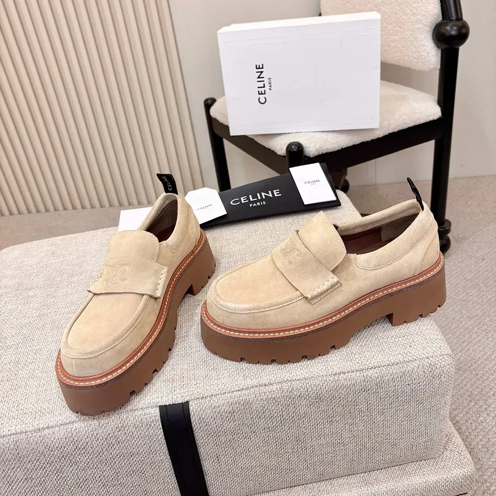 Celine Triomphe Loafers in Suede Calfskin for Women in Beige Celine Triomphe Loafers in Suede Calfskin for Women in Beige