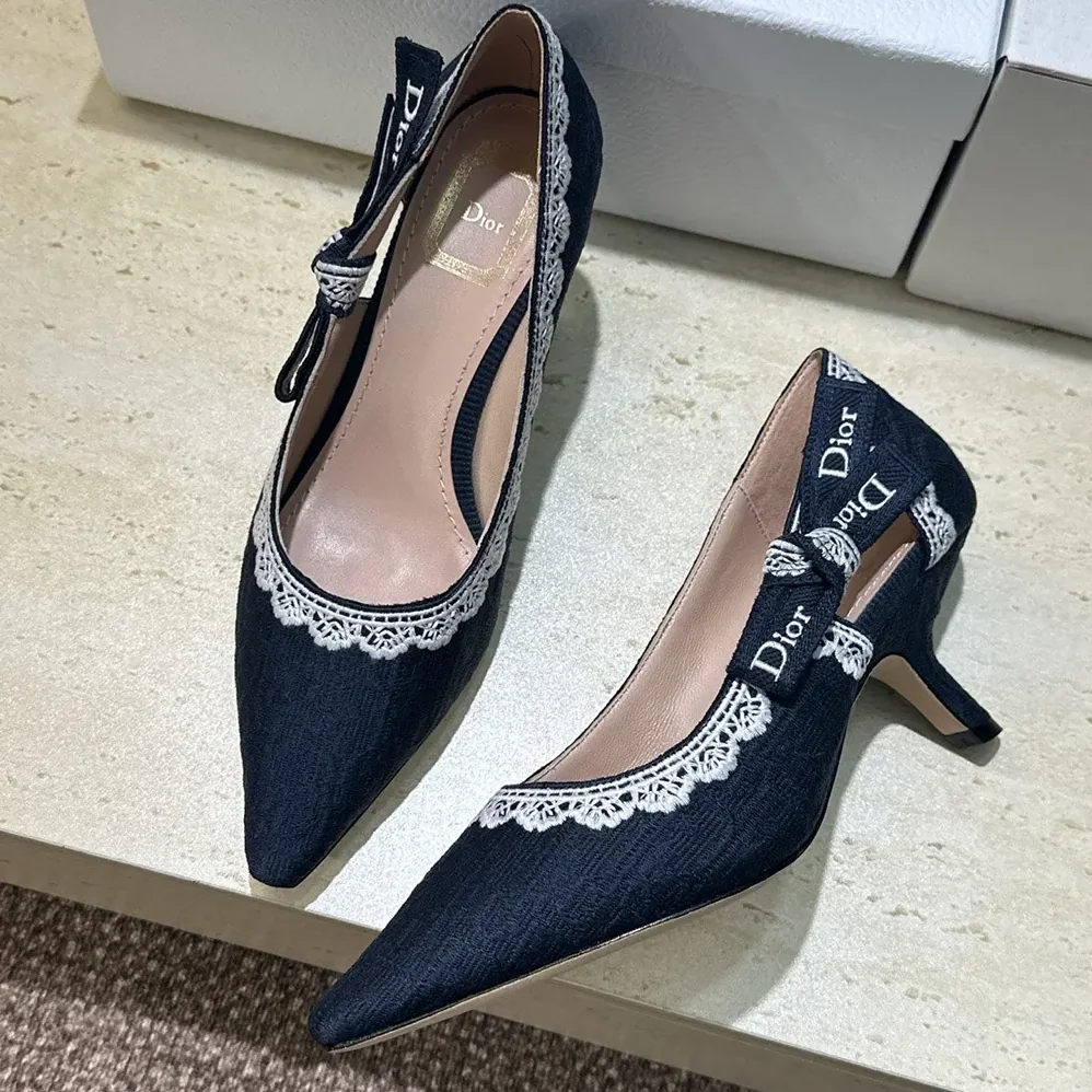 Dior J'Adior Pump Blue Dior Oblique Embroidered Cotton and White Lace for Women Dior J'Adior Pump Blue Dior Oblique Embroidered Cotton and White Lace for Women