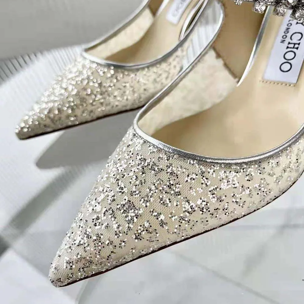 Jimmy Choo BING 100 Silver Glitter Tulle Mules with Crystal Strap for Women