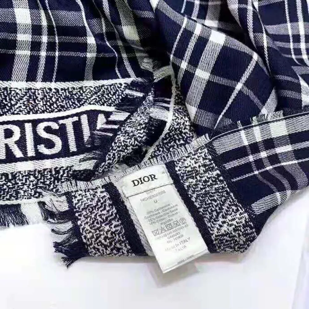 Dior Checkndior Pop Stole Navy Blue Cashmere Silk and Cotton for Women