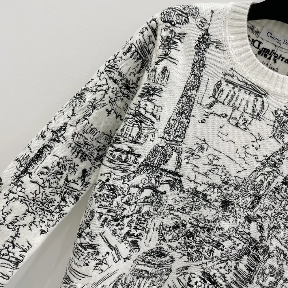 Dior Embroidered Sweater White and Black Cashmere Knit with Paris Allover Motif for Women
