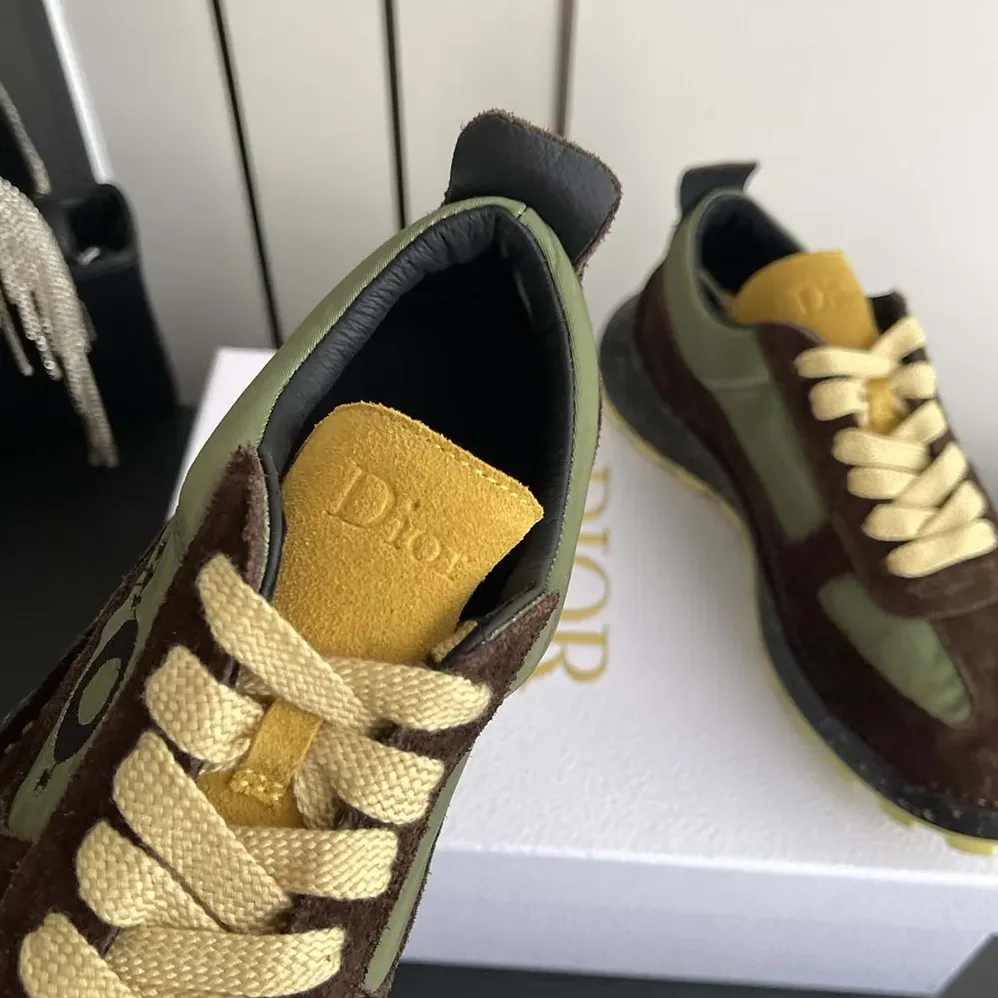 Dior Squash Sneaker Brown and Yellow Suede Calfskin with Green Technical Fabric for Unisex Dior Squash Sneaker Brown and Yellow Suede Calfskin with Green Technical Fabric for Unisex