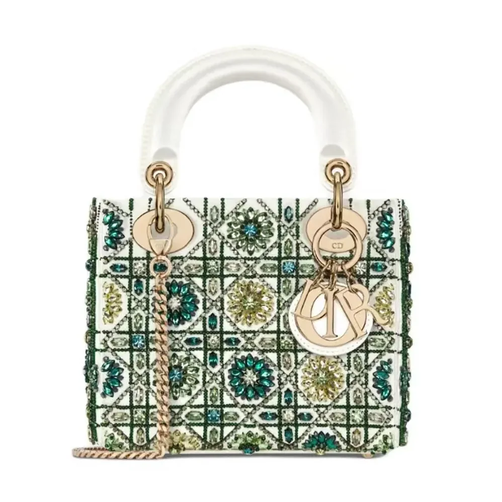 Dior Small Lady Dior Bag Metallic Calfskin and Satin with Celestial Green Bead Embroidery for Women Dior Small Lady Dior Bag Metallic Calfskin and Satin with Celestial Green Bead Embroidery for Women