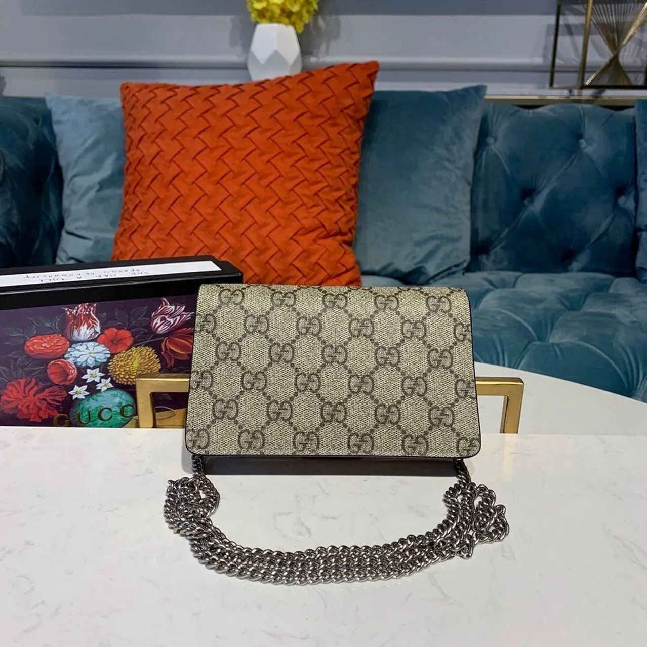 Gucci Dionysus Super Mini Shoulder Bag / Emerald GG Supreme Canvas Made Using An Earth-Conscious Process With Taupe Deta Gucci Dionysus Super Mini Shoulder Bag / Emerald GG Supreme Canvas Made Using An Earth-Conscious Process With Taupe Deta