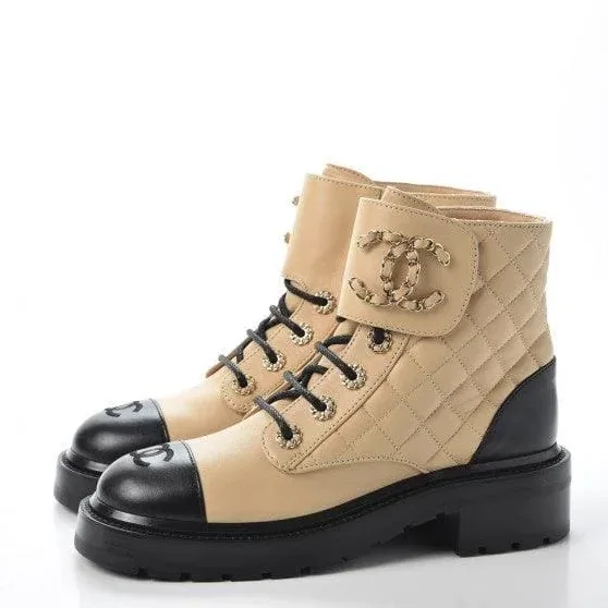 Calfskin Quilted Lace Up Combat Boots