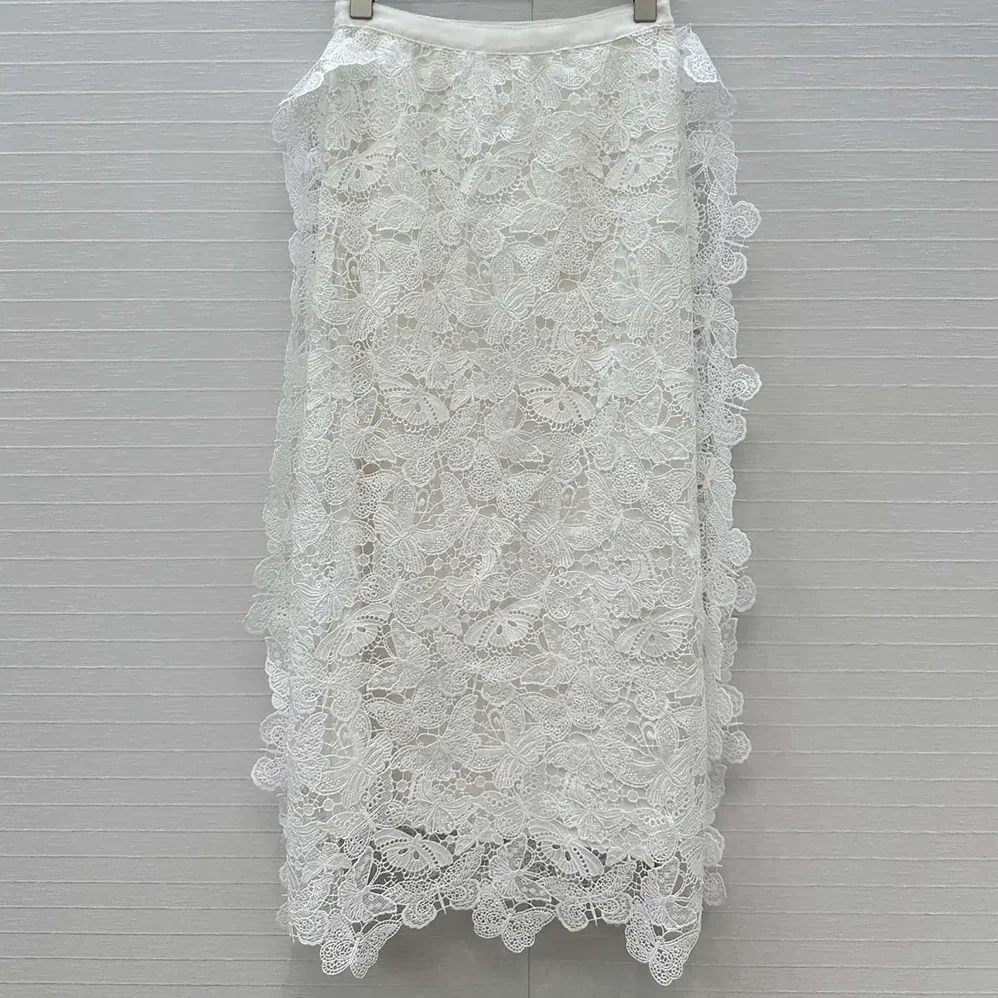 Dior Mid-Length Skirt Ecru Cotton-Blend Lace with Allover Butterfly Motif for Women