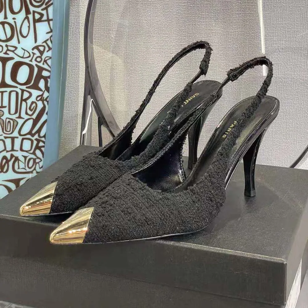 Saint Laurent YSL Vesper Slingback Pumps in Boucle Tweed for Women in Black Saint Laurent YSL Vesper Slingback Pumps in Boucle Tweed for Women in Black