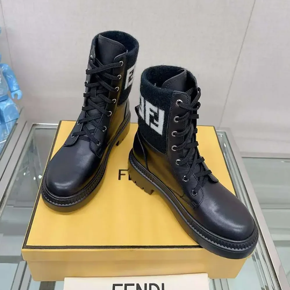 Fendi Rockoko Black Leather Biker Boots with FF Jacquard Motif for Women Fendi Rockoko Black Leather Biker Boots with FF Jacquard Motif for Women