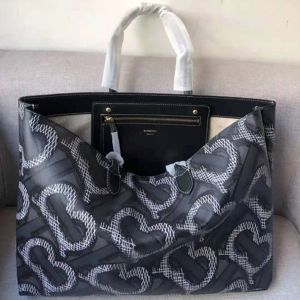 Burberry Monogram Print E-canvas Tote Bag for Women in Black Burberry Monogram Print E-canvas Tote Bag for Women in Black