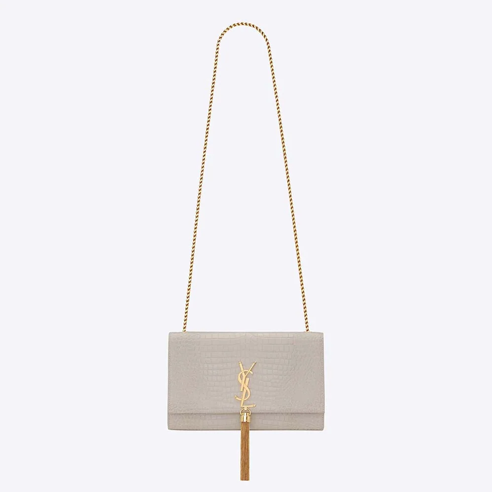 Saint Laurent YSL Kate Medium with Tassel in Crocodile-Embossed Shiny Leather for Women in White Saint Laurent YSL Kate Medium with Tassel in Crocodile-Embossed Shiny Leather for Women in White