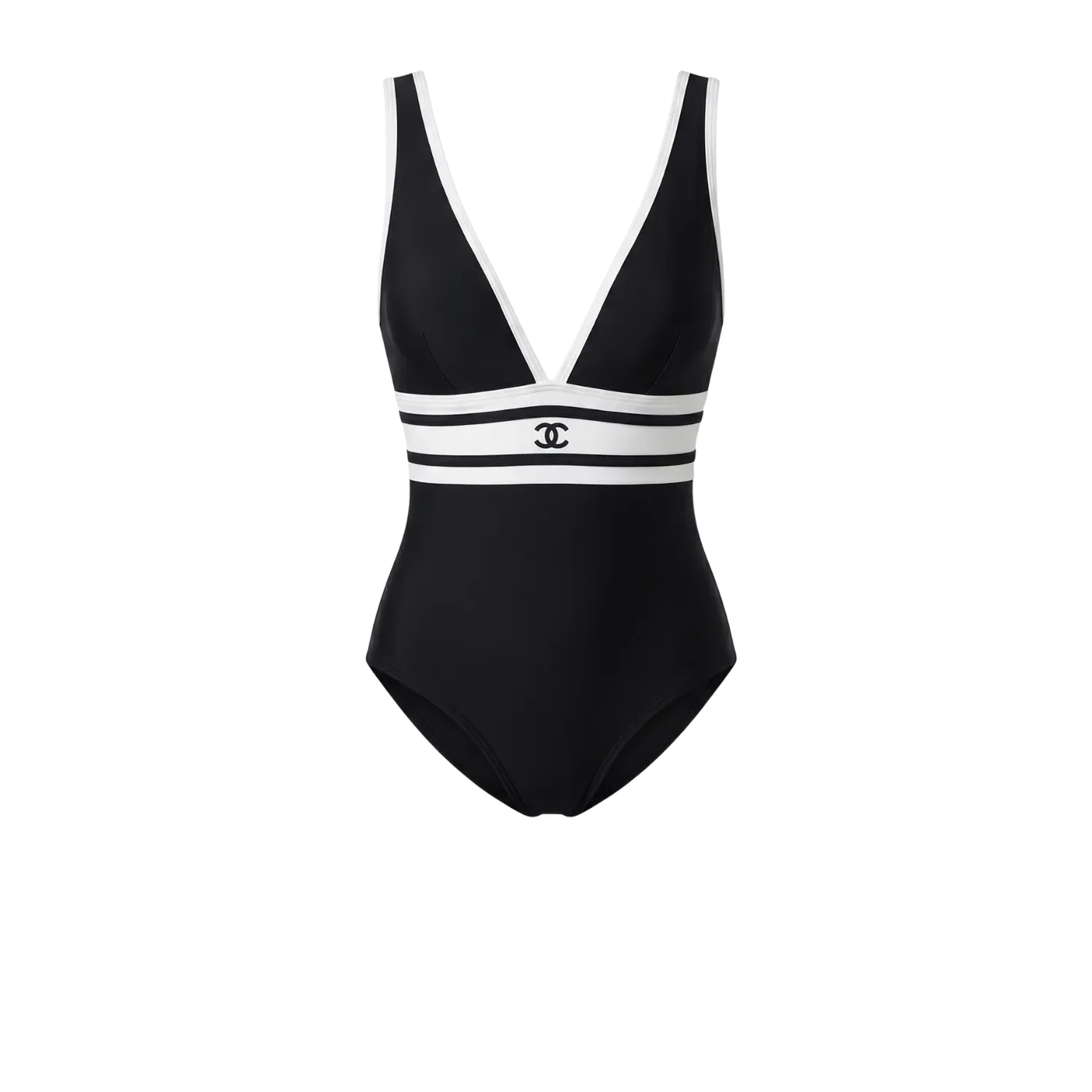 Chanel Striped V-Neck One in Piece Swimsuit Black Chanel Striped V-Neck One in Piece Swimsuit Black