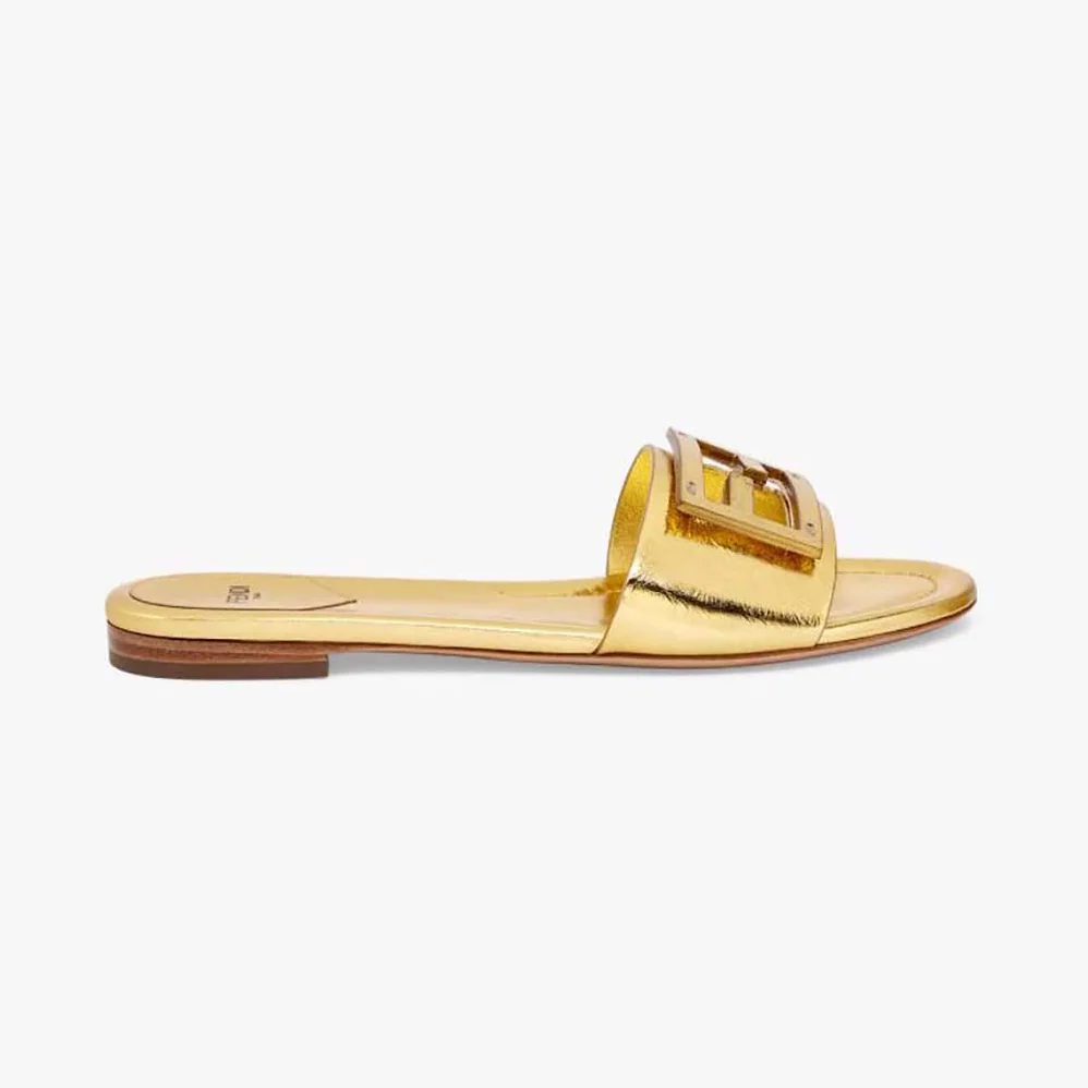 Fendi Baguette Gold Nappa Leather Slides for Women Fendi Baguette Gold Nappa Leather Slides for Women