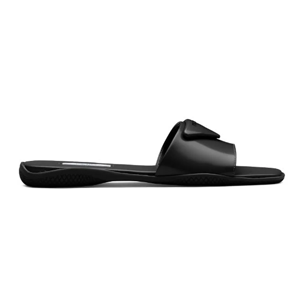 Prada Brushed Leather Slides Triangle Logo for Women in Black Prada Brushed Leather Slides Triangle Logo for Women in Black