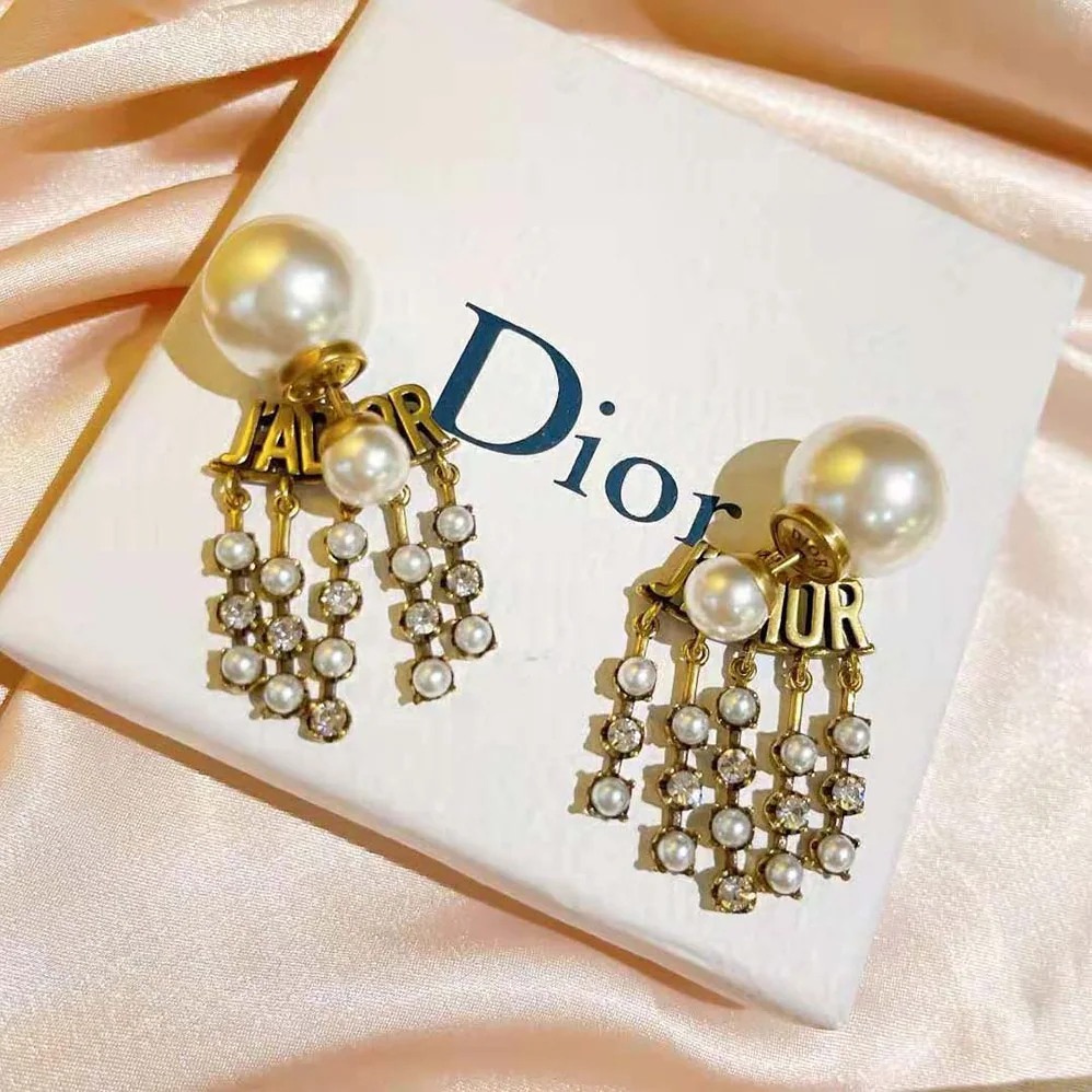 Dior Tribales Earrings Antique Gold-Finish Metal with White Resin Pearls for Women Dior Tribales Earrings Antique Gold-Finish Metal with White Resin Pearls for Women