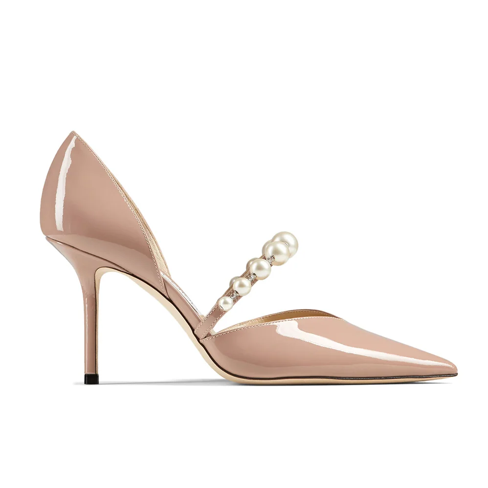 Jimmy Choo Aurelie 85 Ballet Pink Patent Leather Pointed Pumps with Pearl Embellishment for Women