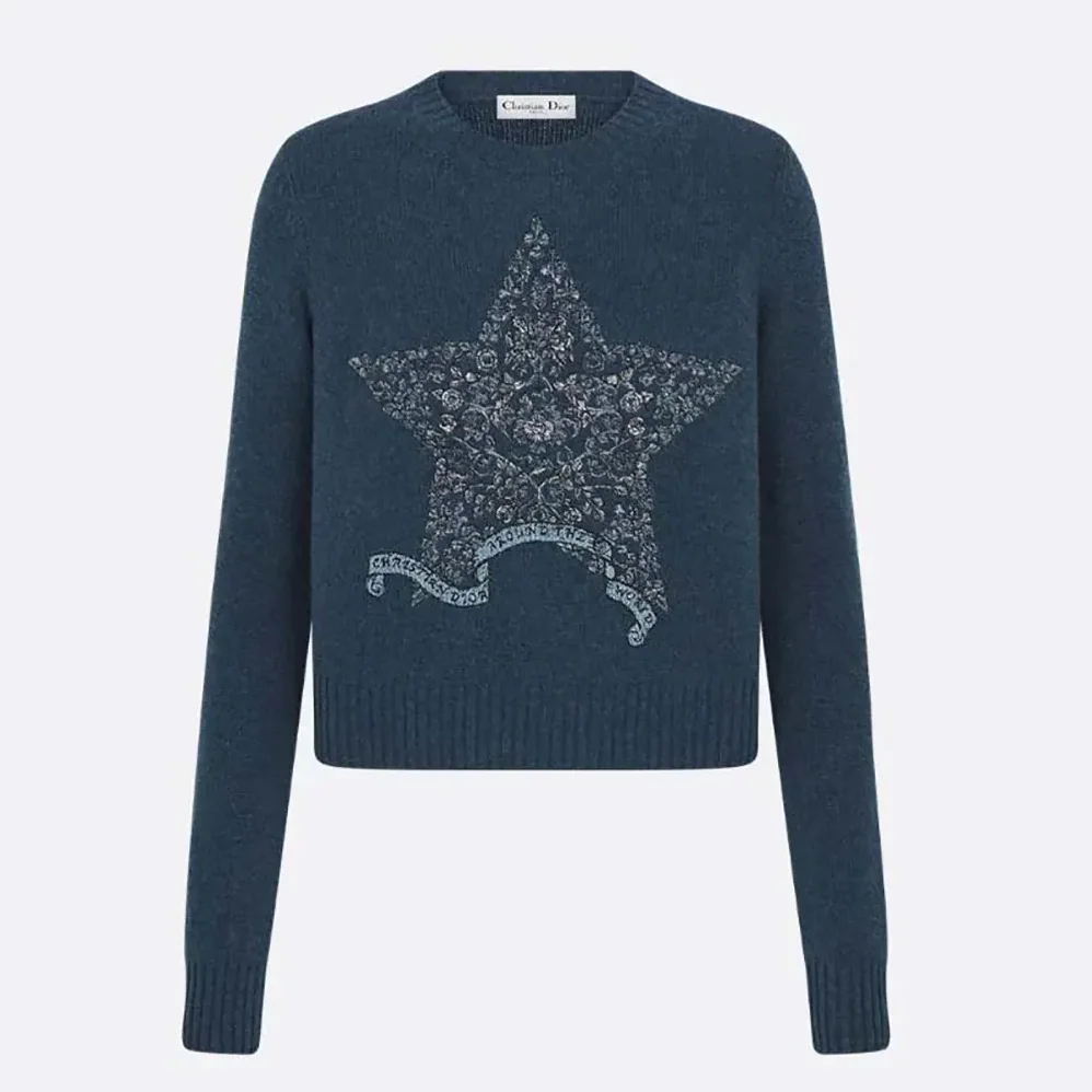 Dior Embroidered Sweater Blue Cashmere Knit for Women