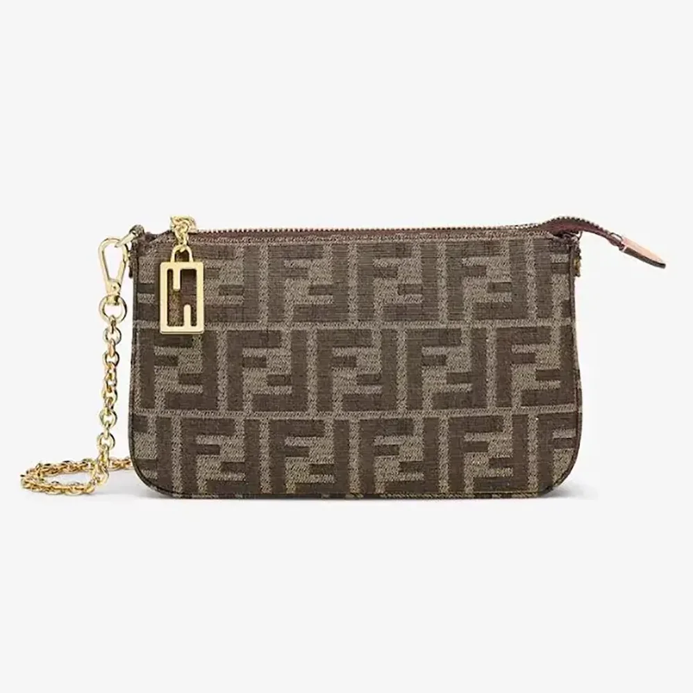 Fendi Baguette Pouch Brown Jacquard FF Fabric Clutch with Chain for Women