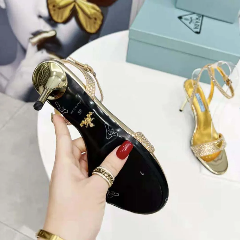 Prada Satin Sandals with Crystals for Women in Gold