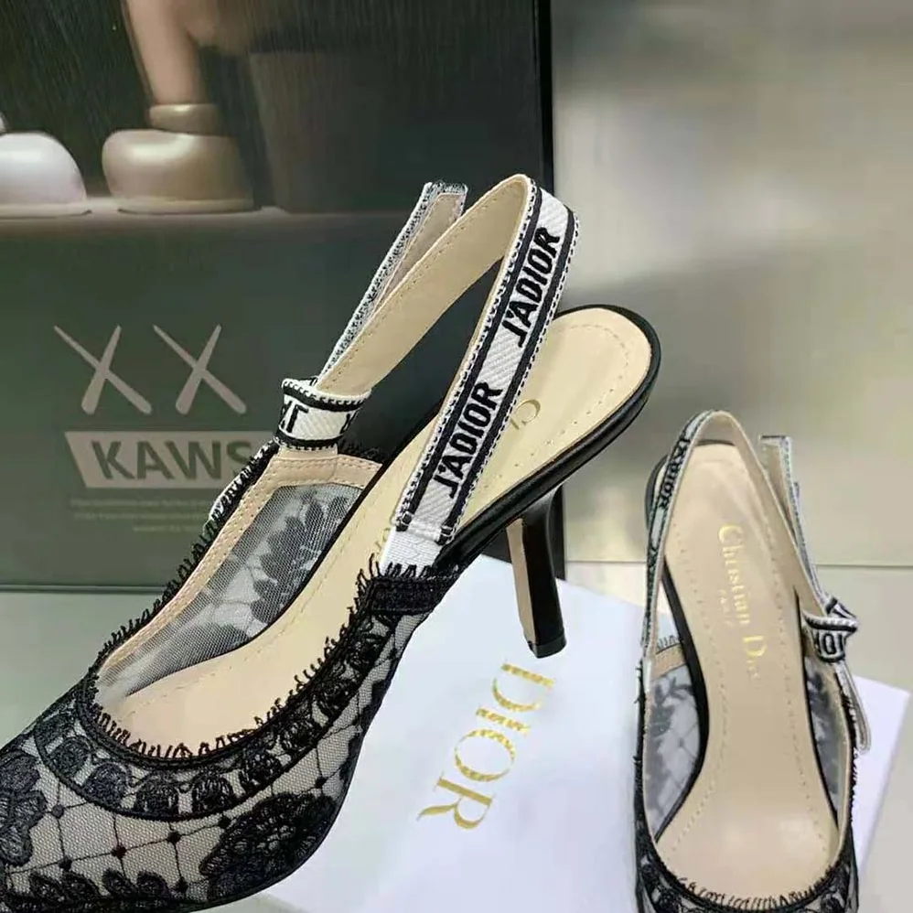 Dior J'Adior Slingback Pump Black Transparent Mesh Embroidered with Dior Roses Motif for Women