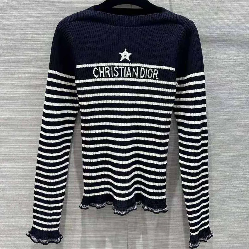 Dior Sweater Navy Blue and White Cotton Ribbed Knit with Signature for Women