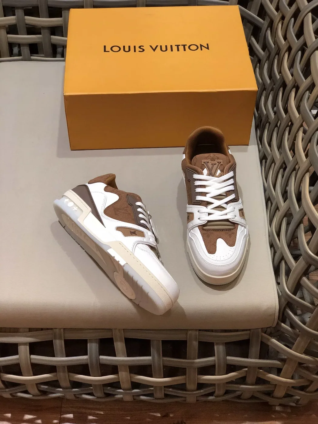 Louis Vuitton Trainer Sneaker Rubber Monogram White in Brown Virgil Abloh Louis Vuitton Trainer Sneaker Rubber Monogram White in Brown Virgil Abloh