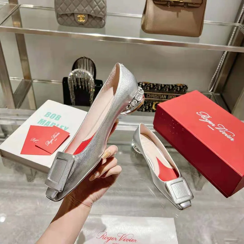 Roger Vivier Strass Heel Covered Buckle Ballerinas in Nappa Leather for Women in Silver
