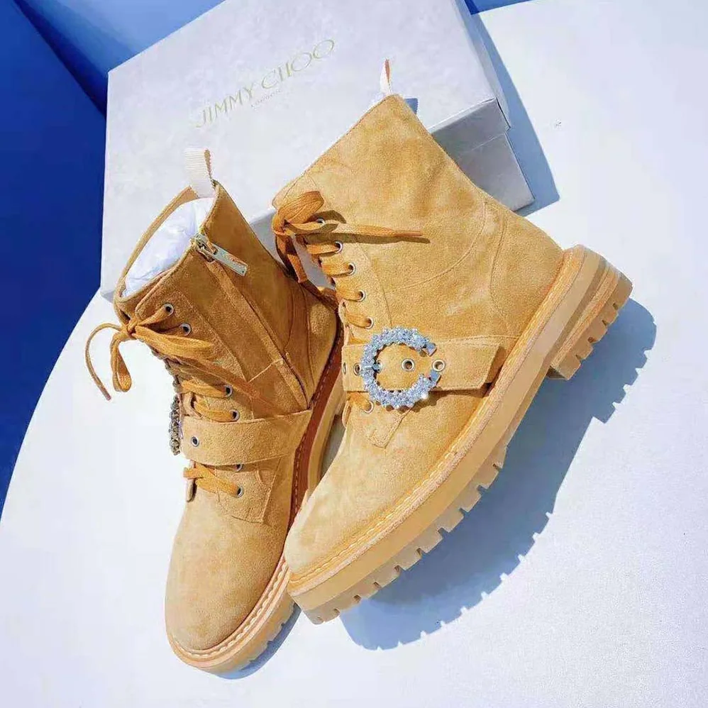 Jimmy Choo Cora Flat/Crystal Caramel Suede Combat Boots with Crystal Buckle for Women Jimmy Choo Cora Flat/Crystal Caramel Suede Combat Boots with Crystal Buckle for Women