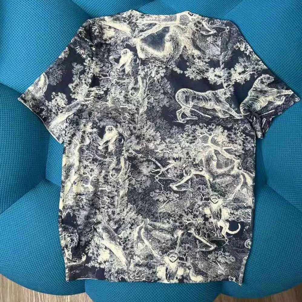 Dior T-shirt Navy Blue Toile de Jouy Cotton and Linen Jersey for Women