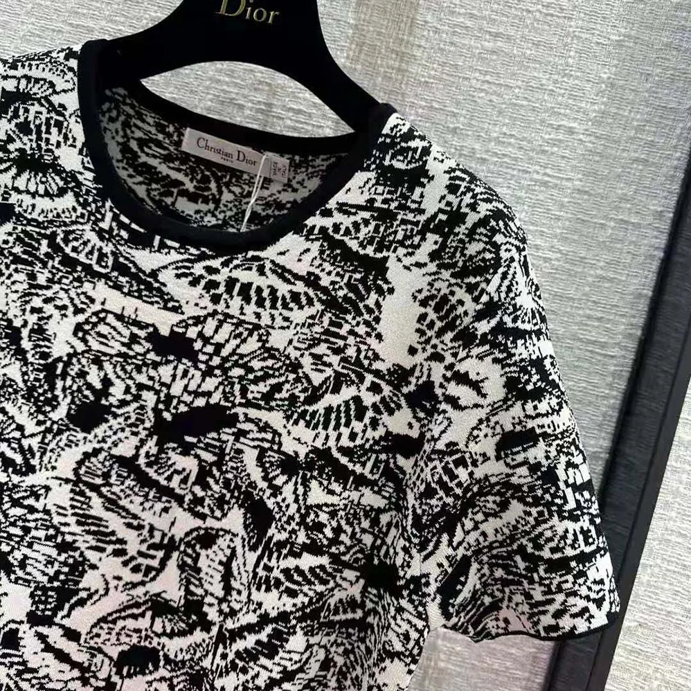 Dior Straight Dress Black and White Technical Jacquard with Allover Butterfly Motif for Women Dior Straight Dress Black and White Technical Jacquard with Allover Butterfly Motif for Women