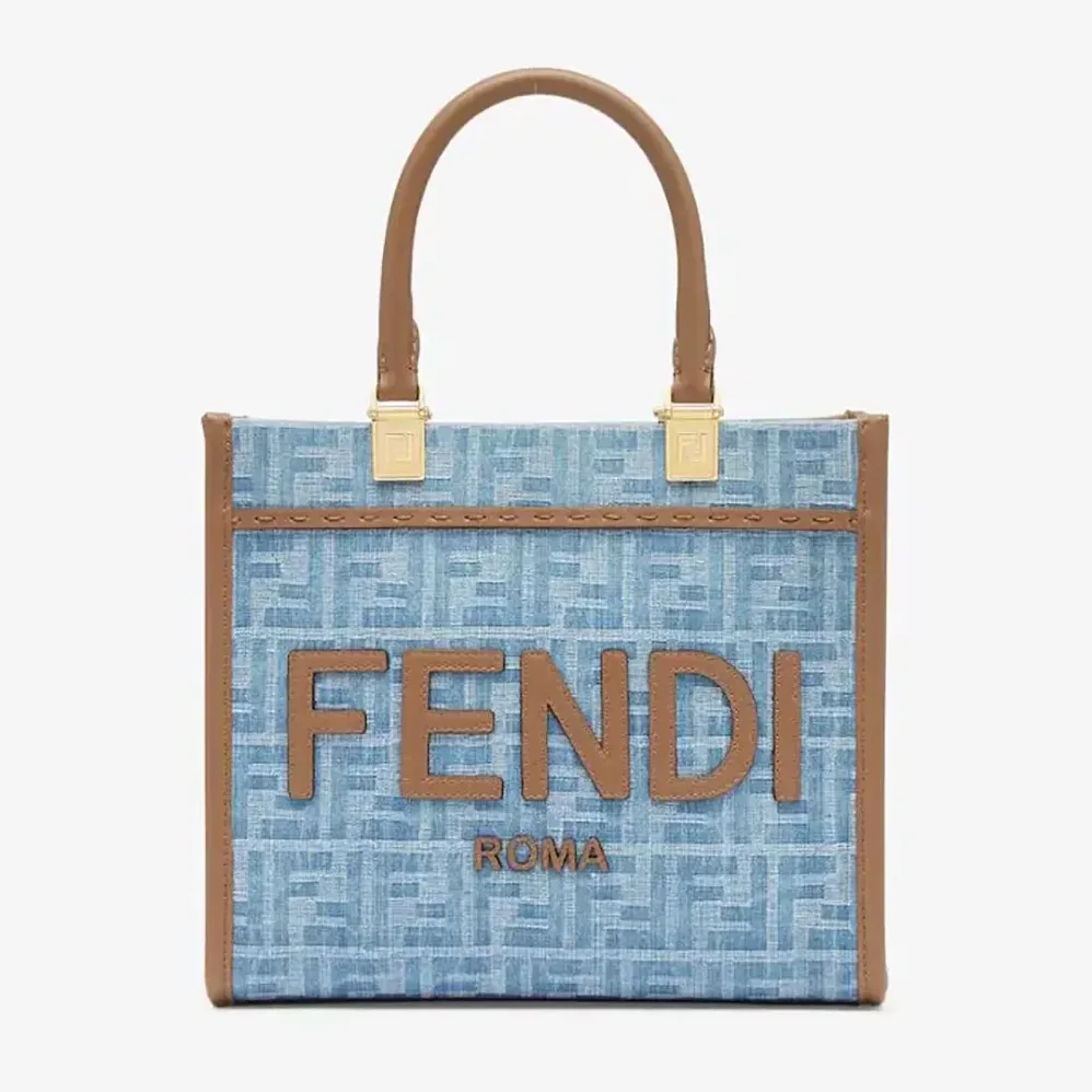 Fendi Sunshine Small Light Blue FF Denim Fabric Shopper for Women Fendi Sunshine Small Light Blue FF Denim Fabric Shopper for Women