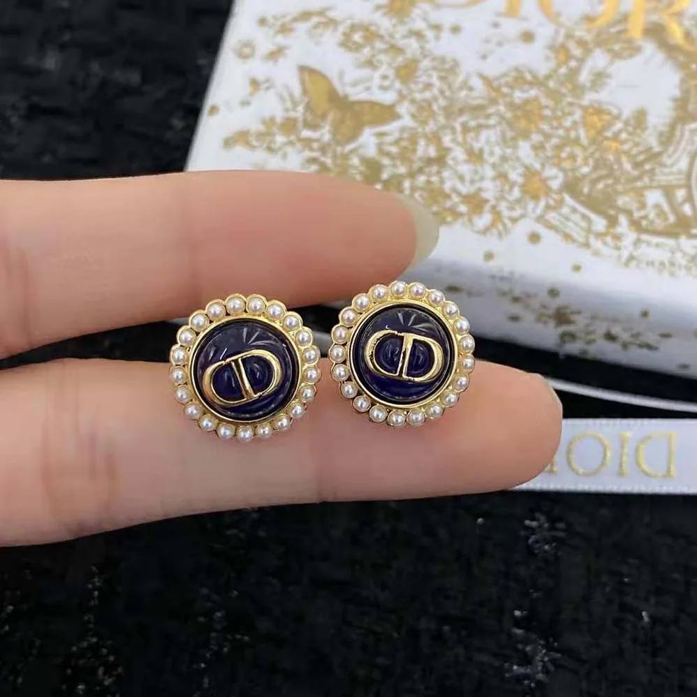 Dior Petit CD Studs Earrings Gold-Finish Metal and White Resin Pearls with Black Glass for Women